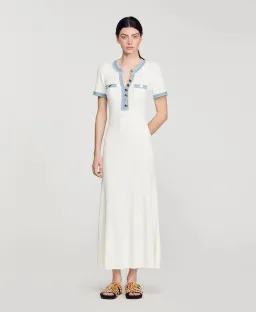 Sandro Knit and Denim Midi Dress White Size 8 for rent on The Volte - image 1