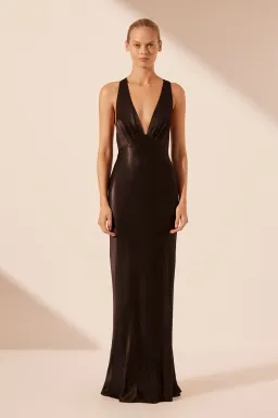 Shona Joy La Lune Plunged Cross Back Maxi Dress in Black Size 6 for rent on The Volte - image 1
