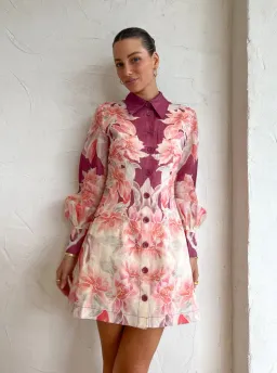 Leo Lin Luminous Silk Linen Mini Dress in Orient Print in Hibiscus Pink Size 10 for rent on The Volte - image 5