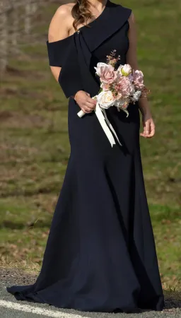 Carla Zampatti Crepe Fascia Asymmetrical Floor Length Gown Navy Size 8 for rent on The Volte - image 1