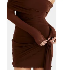 BENNI Yasmin Off Shoulder Mini Dress in Cacao Size XS/AU 6 for rent on The Volte - image 4