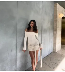 MESHKI Camryn Off Shoulder Tie Knit Mini Dress in Cream Marle Size S/AU 8 for rent on The Volte - image 6