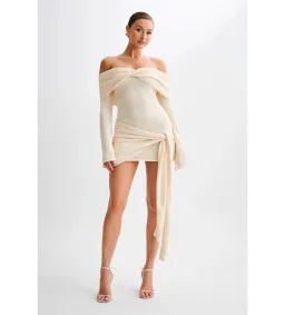 MESHKI Camryn Off Shoulder Tie Knit Mini Dress in Cream Marle Size XS/AU 6 for rent on The Volte - image 1