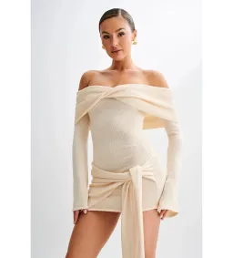 MESHKI Camryn Off Shoulder Tie Knit Mini Dress in Cream Marle Size XS/AU 6 for rent on The Volte - image 2