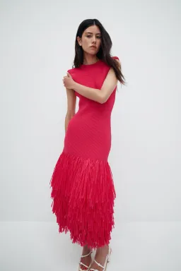 Aje Rushes Raffia Knit Midi Dress in Deep Fuschia Size M (AU 10) for rent on The Volte - image 2