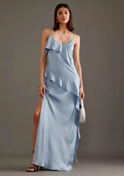 Anthropologie Asymmetric Ruffle Maxi Slip Dress Blue Size 10 for rent on The Volte - image 1