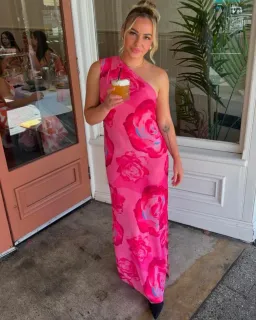 With Harper Lu One Shoulder Sheer Maxi in Pink Rose Size 8  for rent on The Volte - image 1