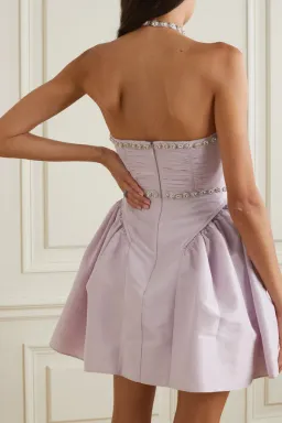 Self Portrait Crystal Embellished Ruched Taffeta Mini Dress Lilac Size 6 for rent on The Volte - image 2