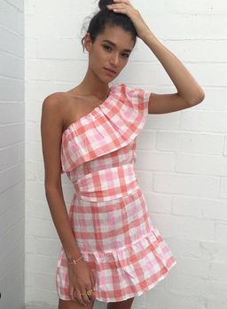 Suboo One Shoulder Mini Dress - Pink Check for rent on The Volte - image 1