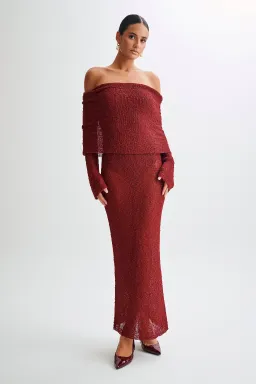 Meshki Marisol Off Shoulder Boucle Maxi Dress in Plum Size M / AU 10 for rent on The Volte - image 1