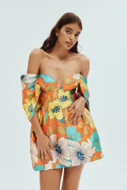 Alemais Piato Sculpt Mini Dress Marigold Multi Floral Size AU 12 for rent on The Volte - image 2