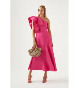 AJE Bonjour Asymmetric Midi Dress Fuschia Pink Size 16  for rent on The Volte - image 1