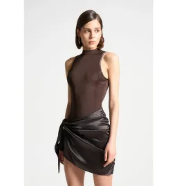 Maniere De Voir Neoprene & Satin Wrap Bodycon Dress Brown Size AU 8 for rent on The Volte - image 2