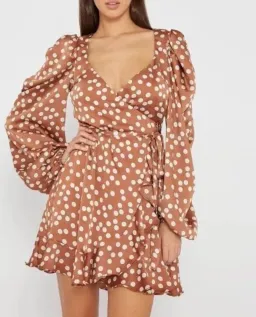 By Johnny Brielle Frill Wrap Mini Dress Brown Spot Size 10 for rent on The Volte - image 4