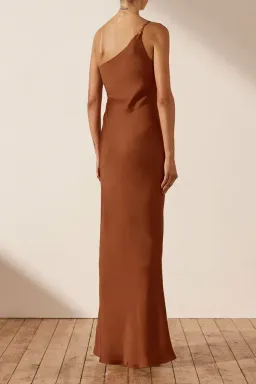 Shona Joy Luxe Asymmetrical Gathered Maxi Dress in Mocha Size 8 for rent on The Volte - image 3