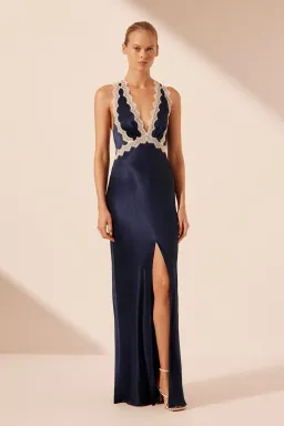 Shona Joy Camille Lace Cross Back Split Maxi Dress Midnight/Ivory Size 12 for rent on The Volte - image 1