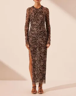 Shona Joy Zoe Long Sleeve Gathered Midi Dress Black/Sand Floral Print Size L / AU 12 for rent on The Volte - image 2