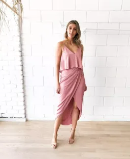 Shona Joy Luxe Cocktail Frill Satin Slip Bridesmaid Dress Rose Pink Size 10 for rent on The Volte - image 1