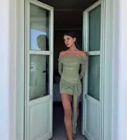 Benni Yasmin Off Shoulder Mini Dress in Pistachio Size 8 for rent on The Volte - image 3