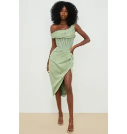 House of CB Lulu Asymmetric Drape Midi Corset Dress in Pistachio Size XS / AU 6 for rent on The Volte - image 1
