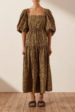 Shona Joy Dress Size 14 -Cross back Lilou Pin Tuck Midi Cotton Mimosa Brown Floral  for rent on The Volte - image 1