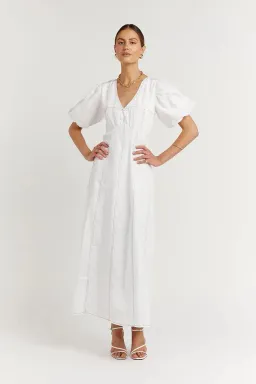 Dissh Chai Linen Panelled Puff Sleeve Midi Dress Off White ivory Size M / AU 10  for rent on The Volte - image 1