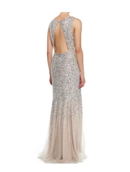 Alice + Olivia Saba Sleeveless Beaded Mesh Gown Silver Sequins on Nude Lining Size AU 4  for rent on The Volte - image 2