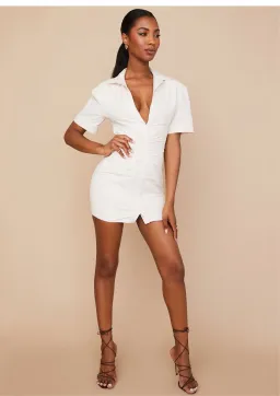 House of CB Luisa Open Back Shirt Mini Dress Beige Size XS / AU 6 for rent on The Volte - image 1