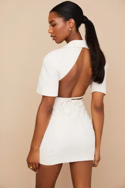 House of CB Luisa Open Back Shirt Mini Dress Beige Size XS / AU 6 for rent on The Volte - image 3