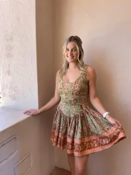 Zimmermann Junie Panelled Mini Dress Sage/Brown Floral Size 2 / AU 12 for rent on The Volte - image 1