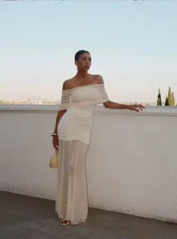Meshki Caspian Slinky And Mesh Off Shoulder Maxi Dress Ivory Size M / AU 10 for rent on The Volte - image 5
