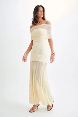 Meshki Caspian Slinky And Mesh Off Shoulder Maxi Dress Ivory Size M / AU 10 for rent on The Volte - image 1