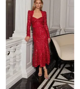 Rebecca Vallance Nicky Hilton Leyla Long Sleeve Midi Dress in Red Sequin Size XS / AU 6 for rent on The Volte - image 2