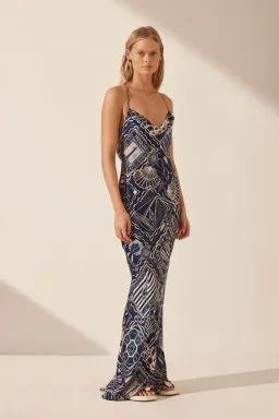 Shona Joy Mer Silk Double Cowl Bias Maxi Dress Navy/Ivory Print Size 6 for rent on The Volte - image 2