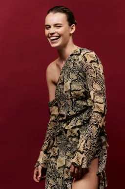 Shona Joy Hadiya Asymmetrical Long Sleeve Ruffle Maxi Dress in Hadiya Snake Print Size AU 8 for rent on The Volte - image 2