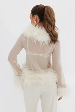 Bubish Gigi Sheer Feather Blouse & Bailey Draw Pant Set Ivory Size 8 for rent on The Volte - image 3