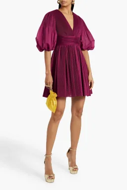 Zimmermann Puff Sleeve Plisse Mini Dress Plum Size 0 / AU 8 for rent on The Volte - image 1
