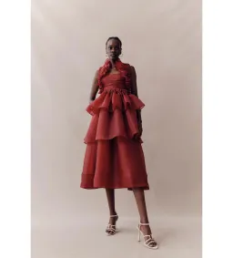 Aje Asra Pleated Frill Midi Dress Mahogany Red Size AU 8 for rent on The Volte - image 5