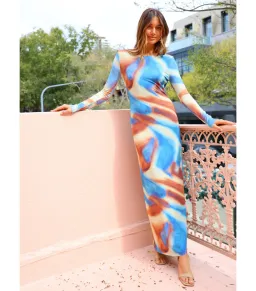 Issy Long Sleeve Maxi Dress in Blue Marble Size AU 16  for rent on The Volte - image 1