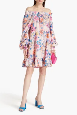 The Vampire’s Wife Mini Mob Off Shoulder Floral Print Slub Linen And Cotton Blend Dress in Baby Pink Size AU 10 for rent on The Volte - image 5