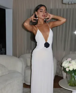 Helsa Studios Sheer Deep V Long Slip Dress Ivory Size XS / AU 6 for rent on The Volte - image 2