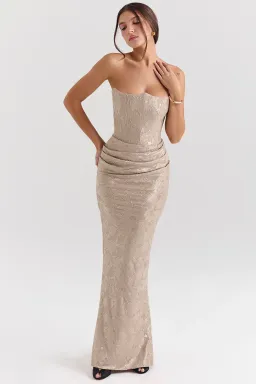House of CB Persephone Chiffon Mesh Strapless Corset Maxi Dress Pale Gold Size S / AU 8 for rent on The Volte - image 2