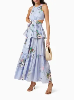 Zimmermann Everley Draped Bow Midi Dress Light Blue Watercolour Floral Size 0 / AU 8 for rent on The Volte - image 1