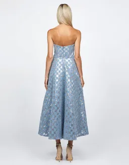Bariano Zaharina Strapless Tea Midi Dress in Silver/Blue Size AU 6  for rent on The Volte - image 3