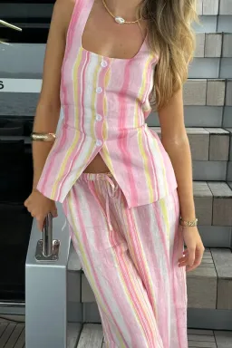 Sneaky Link Isla Linen Vest and Pant Set Pink Stripe Size XL / AU 14 for rent on The Volte - image 2