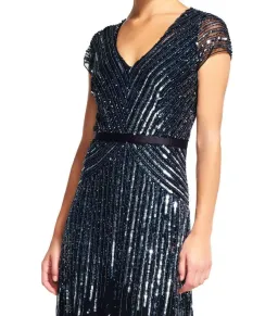 Adrianna Papell Sequinned V-Neck Cap Sleeve Gown Gunmetal Size AU 12 for rent on The Volte - image 2