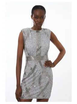Karen Millen Embellished Strong Shoulder Woven Mini Dress Silver Size 16 for rent on The Volte - image 1