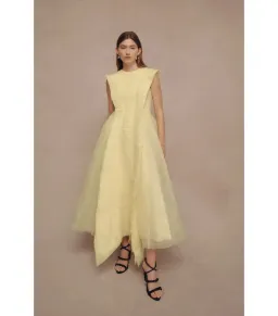Aje Astrid Pleat Panel Midi Dress Soft Lemon Yellow Size AU 6 for rent on The Volte - image 3