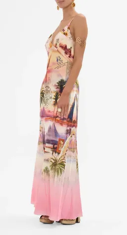 Camilla V Neck Full Length Bias Slip Dress Millas Got Mail Print Size L / AU 14 for rent on The Volte - image 2