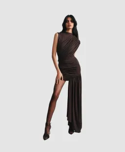 De La Vali Ravenna Draped Jersey Mini Dress Brown Size 8 for rent on The Volte - image 1